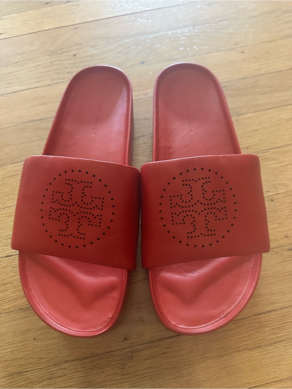 Tory Burch Red Slide Sandals with Perforated Logo, size 9